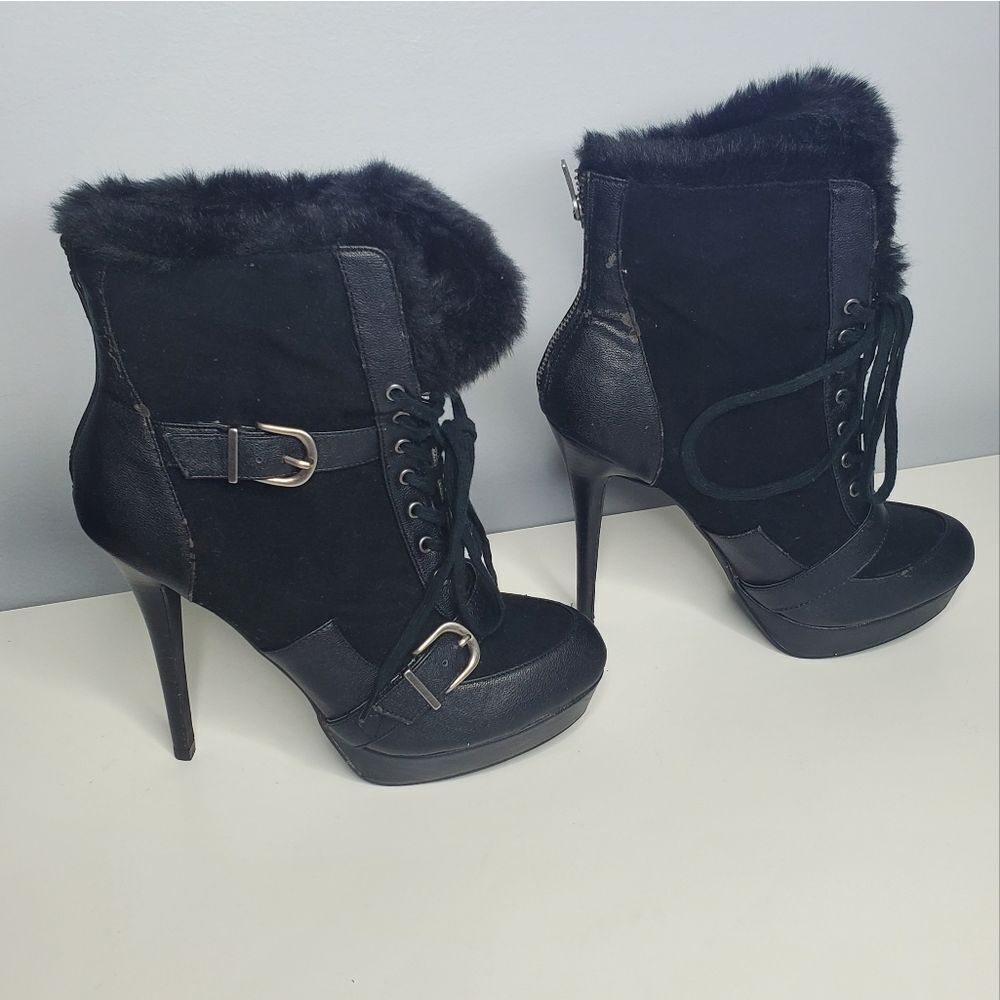 Colin Stuart For Victoria's Secret 9B Booties High Heels Suede Fur Buckle Boots